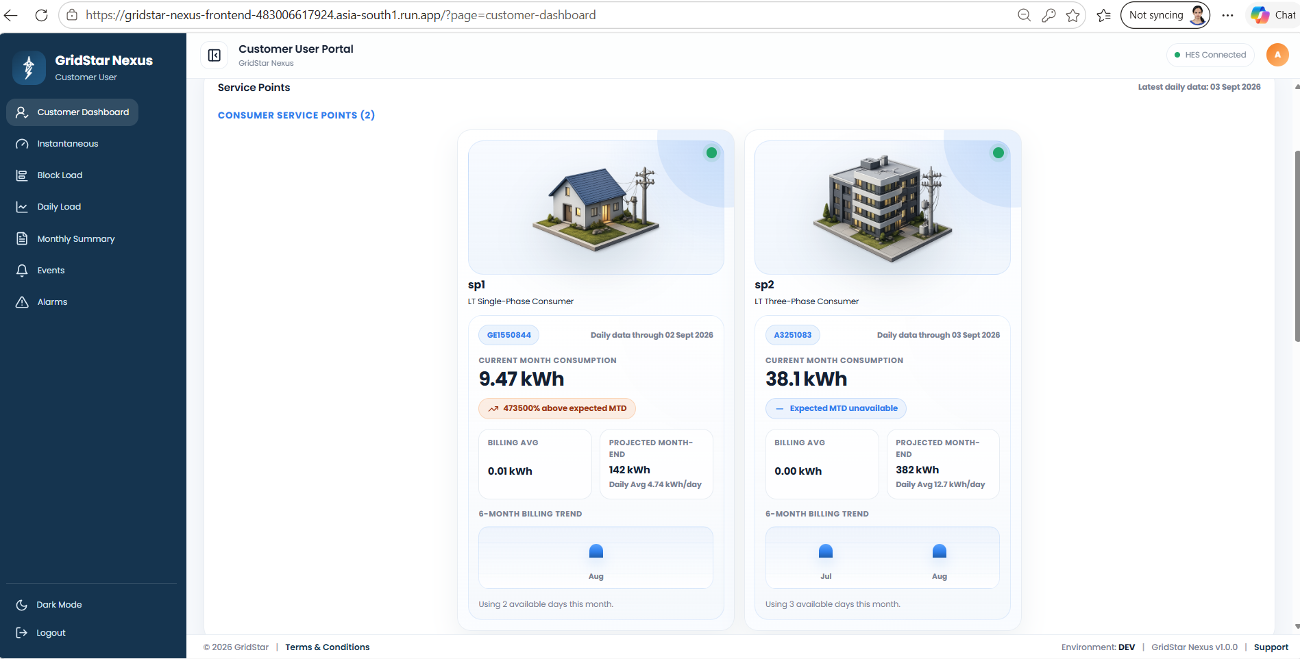 GridStar Nexus desktop customer dashboard